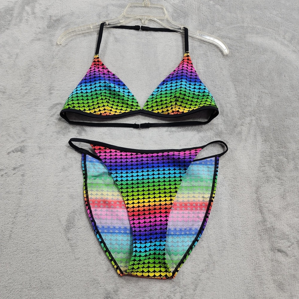 Vintage Joe Boxer Bikini Womens M/L Multicolor Rainbow Heart Triangle 2 Piece